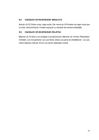 27
8.4. CAUSALES DE INCAPACIDAD ABSOLUTA
Artículo 43 CC Sordo mudo, ciego sordo, Ser menor de 16 Privados de ciego mudo que
no años. Discernimiento. Pueden expresar su voluntad de manera indubitable.
8.5. CAUSALES DE INCAPACIDAD RELATIVA
Mayores de 16 años y Los pródigos Los toxicómanos. Menores de 18 años. Retardados
mentales. Los mal gestores. Los que llevan anexa una pena de inhabilitación. Los que
sufren deterioro Artículo 44 CC Los ebrios habituales mental.
 