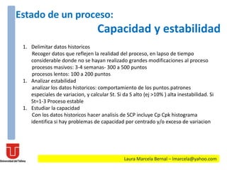 Laura Marcela Bernal – lmarcela@yahoo.com
Estado de un proceso:
Capacidad y estabilidad
1. Delimitar datos historicos
Recoger datos que reflejen la realidad del proceso, en lapso de tiempo
considerable donde no se hayan realizado grandes modificaciones al proceso
procesos masivos: 3-4 semanas- 300 a 500 puntos
procesos lentos: 100 a 200 puntos
1. Analizar estabilidad
analizar los datos historicos: comportamiento de los puntos.patrones
especiales de variacion, y calcular St. Si da S alto (ej >10% ) alta inestabilidad. Si
St=1-3 Proceso estable
1. Estudiar la capacidad
Con los datos historicos hacer analisis de SCP incluye Cp Cpk histograma
identifica si hay problemas de capacidad por centrado y/o exceso de variacion
 