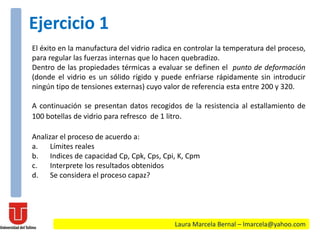 El éxito en la manufactura del vidrio radica en controlar la temperatura del proceso,
para regular las fuerzas internas que lo hacen quebradizo.
Dentro de las propiedades térmicas a evaluar se definen el punto de deformación
(donde el vidrio es un sólido rígido y puede enfriarse rápidamente sin introducir
ningún tipo de tensiones externas) cuyo valor de referencia esta entre 200 y 320.
A continuación se presentan datos recogidos de la resistencia al estallamiento de
100 botellas de vidrio para refresco de 1 litro.
Analizar el proceso de acuerdo a:
a. Límites reales
b. Indices de capacidad Cp, Cpk, Cps, Cpi, K, Cpm
c. Interprete los resultados obtenidos
d. Se considera el proceso capaz?
Laura Marcela Bernal – lmarcela@yahoo.com
Ejercicio 1
 