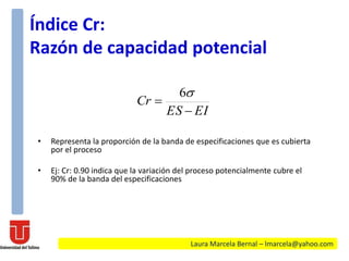 EIES
Cr


6
Laura Marcela Bernal – lmarcela@yahoo.com
Índice Cr:
Razón de capacidad potencial
• Representa la proporción de la banda de especificaciones que es cubierta
por el proceso
• Ej: Cr: 0.90 indica que la variación del proceso potencialmente cubre el
90% de la banda del especificaciones
 