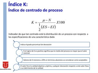  
100
2
1
X
EIES
N
K




Índice K:
Índice de centrado de proceso
Indicador de que tan centrada está la distribución de un proceso con respecto a
las especificaciones de una característica dada
Indica el grado porcentual de desviación
Si el signo de K es positivo significa que la media del proceso es mayor que el valor
nominal
Valores de K menores a 20% en términos absolutos se consideran como aceptables
El valor N es la calidad objetivo y óptima, cualquier desviación respecto a este valor lleva
a un detrimento de la calidad
 