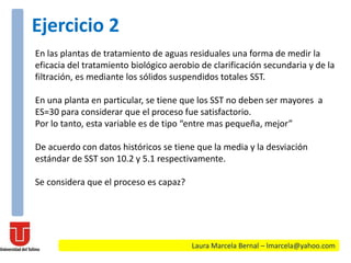 En las plantas de tratamiento de aguas residuales una forma de medir la
eficacia del tratamiento biológico aerobio de clarificación secundaria y de la
filtración, es mediante los sólidos suspendidos totales SST.
En una planta en particular, se tiene que los SST no deben ser mayores a
ES=30 para considerar que el proceso fue satisfactorio.
Por lo tanto, esta variable es de tipo “entre mas pequeña, mejor”
De acuerdo con datos históricos se tiene que la media y la desviación
estándar de SST son 10.2 y 5.1 respectivamente.
Se considera que el proceso es capaz?
Laura Marcela Bernal – lmarcela@yahoo.com
Ejercicio 2
 