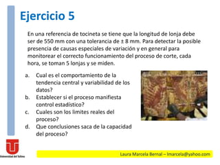 En una referencia de tocineta se tiene que la longitud de lonja debe
ser de 550 mm con una tolerancia de ± 8 mm. Para detectar la posible
presencia de causas especiales de variación y en general para
monitorear el correcto funcionamiento del proceso de corte, cada
hora, se toman 5 lonjas y se miden.
Laura Marcela Bernal – lmarcela@yahoo.com
Ejercicio 5
a. Cual es el comportamiento de la
tendencia central y variabilidad de los
datos?
b. Establecer si el proceso manifiesta
control estadístico?
c. Cuales son los limites reales del
proceso?
d. Que conclusiones saca de la capacidad
del proceso?
 