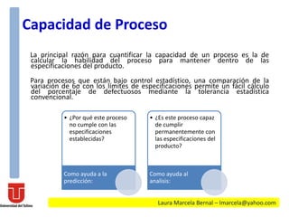 6
Capacidad de Proceso
La principal razón para cuantificar la capacidad de un proceso es la de
calcular la habilidad del proceso para mantener dentro de las
especificaciones del producto.
Para procesos que están bajo control estadístico, una comparación de la
variación de 6σ con los límites de especificaciones permite un fácil cálculo
del porcentaje de defectuosos mediante la tolerancia estadística
convencional.
Laura Marcela Bernal – lmarcela@yahoo.com
• ¿Por qué este proceso
no cumple con las
especificaciones
establecidas?
Como ayuda a la
predicción:
• ¿Es este proceso capaz
de cumplir
permanentemente con
las especificaciones del
producto?
Como ayuda al
analisis:
 