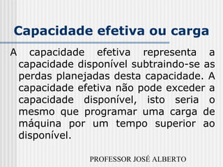 PROFESSOR JOSÉ ALBERTO
Capacidade efetiva ou carga
A capacidade efetiva representa a
capacidade disponível subtraindo-se as
perdas planejadas desta capacidade. A
capacidade efetiva não pode exceder a
capacidade disponível, isto seria o
mesmo que programar uma carga de
máquina por um tempo superior ao
disponível.
 