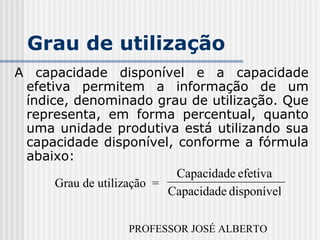PROFESSOR JOSÉ ALBERTO
Grau de utilização
A capacidade disponível e a capacidade
efetiva permitem a informação de um
índice, denominado grau de utilização. Que
representa, em forma percentual, quanto
uma unidade produtiva está utilizando sua
capacidade disponível, conforme a fórmula
abaixo:
Grau de utilização =
disponívelCapacidade
efetivaCapacidade
 