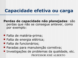 PROFESSOR JOSÉ ALBERTO
Capacidade efetiva ou carga
Perdas de capacidade não planejadas: são
perdas que não se consegue antever, como
por exemplo:
 Falta de matéria-prima;
 Falta de energia elétrica;
 Falta de funcionários;
 Paradas para manutenção corretiva;
 Investigações de problemas da qualidade, etc.
 