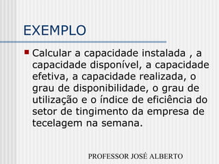 PROFESSOR JOSÉ ALBERTO
EXEMPLO
 Calcular a capacidade instalada , a
capacidade disponível, a capacidade
efetiva, a capacidade realizada, o
grau de disponibilidade, o grau de
utilização e o índice de eficiência do
setor de tingimento da empresa de
tecelagem na semana.
 