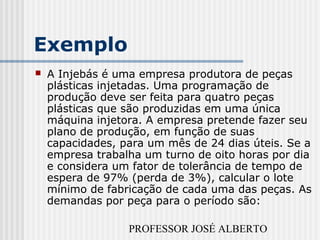 PROFESSOR JOSÉ ALBERTO
Exemplo
 A Injebás é uma empresa produtora de peças
plásticas injetadas. Uma programação de
produção deve ser feita para quatro peças
plásticas que são produzidas em uma única
máquina injetora. A empresa pretende fazer seu
plano de produção, em função de suas
capacidades, para um mês de 24 dias úteis. Se a
empresa trabalha um turno de oito horas por dia
e considera um fator de tolerância de tempo de
espera de 97% (perda de 3%), calcular o lote
mínimo de fabricação de cada uma das peças. As
demandas por peça para o período são:
 
