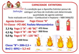 CAPACIDADE EXTINTORA
                    É a condição que o Aparelho Extintor possui de
        Definição extinguir um foco de incêndio com determinada
                            quantidade de agente extintor
   Teste realizado em Cubas – Combustível n-heptano – NBR 9444/02
  Agente Extintor     Fogo Classe “A”
Tri-Classe - PÓ ABC Fosfato Monoamônico
 2,3 Kg Fogo 2 “A” : 40 “BC” 475 litros
 4,5 Kg Fogo 4 “A” : 80 “BC” 950 litros
 9,0 Kg Fogo 6 “A” : 120 “BC”
           1420 litros

 Classe “B”= 20B÷2,5 =
 8m2 (- 60%) = 3,2 m2
 