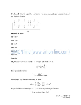 Rita Anselmi 08-10046
SIMON-Line
Problema 2. Hallar la capacidad equivalente y la carga acumulada por cada condensador
del...