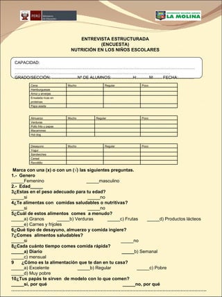 CAPACIDAD:………………………………………………………………………………………………………………………………………………………………………………………………………………………… GRADO/SECCIÓN: …………….…Nº DE ALUMNOS: ……………H:………M:…… FECHA:.............. ENTREVISTA ESTRUCTURADA (ENCUESTA) NUTRICIÓN EN LOS NIÑOS ESCOLARES Marca con una (x) o con un (√) las siguientes preguntas.  1.-  Genero  _____Femenino  _____masculino  2.-  Edad_____ 3¿Estas en el peso adecuado para tu edad?  _____si  _____no  4¿Te alimentas con  comidas saludables o nutritivas?  _____si  _____no  5¿Cuál de estos alimentos  comes  a menudo?  _____a) Granos  _____b) Verduras  _____c) Frutas  _____d) Productos lácteos  _____e) Carnes y frijoles 6¿Qué tipo de desayuno, almuerzo y comida ingiere? 7¿Comes  alimentos saludables?  _____si  _____no  8¿Cada cuánto tiempo comes comida rápida?  _____a) Diario  _____ b) Semanal  _____c) mensual  9  ¿Cómo es la alimentación que te dan en tu casa?  _____a) Excelente  _____b) Regular  _____c) Pobre  _____d) Muy pobre  10¿Tus papás te sirven  de modelo con lo que comen?  _____sí, por qué  _____no, por qué  ………………………………………………………………………………………………………………… Desayuno Mucho  Regular Poco Yogur Sandwiches Cereal Revoltillo Almuerzo Mucho  Regular Poco Verduras Pollo frito y papas Macarrones Hot dog Cena Mucho  Regular Poco Hamburguesas Arroz y arverjas Ensalada ricas en proteinas Papa asada 