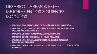 DESARROLLAREMOS ESTAS 
MEJORAS EN LOS SIGUIENTES 
MODULOS: 
 MÓDULO DOS: ESTRATEGIAS DE ENSEÑANZA E INTERVENCIÓN. 
 MÓDULO TRES: LENGUA Y LITERATURA. DE LA CUAL NOS INTERESA 
SOLO EL ÁREA DE PRIMARIA. 
 MÓDULO CUATRO: MATEMÁTICA NIVEL PRIMARIO. 
 MÓDULO CINCO: CIENCIAS. EN NIVEL PRIMARIO. 
 MÓDULO SEIS: CIENCIAS NATURALES. SEGUNDO CICLO DE 
EDUCACIÓN PRIMARIA. 
 MÓDULO SIETE: CIENCIAS SOCIALES. SEGUNDO CICLO D EDUCACIÓN 
PRIMARIA. 
 