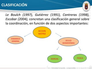 CLASIFICACIÓN 
Le Boulch (1997), Gutiérrez (1991), Contreras (1998), 
Escobar (2004), concretan una clasificación general sobre 
la coordinación, en función de dos aspectos importantes: 
ACCION 
MOTRIZ 
DINAMICO 
GENERAL 
MANUAL 
OCULO 
SEGMENTARIA 
PEDICA 
 
