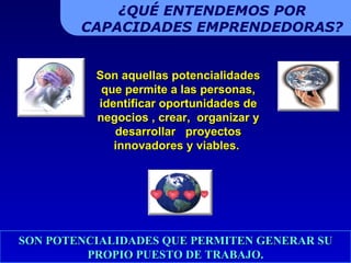 Son aquellas potencialidades que permite a las personas, identificar oportunidades de negocios , crear,  organizar y desarrollar  proyectos innovadores y viables.  ¿QUÉ ENTENDEMOS POR CAPACIDADES EMPRENDEDORAS? SON POTENCIALIDADES QUE PERMITEN GENERAR SU PROPIO PUESTO DE TRABAJO. 