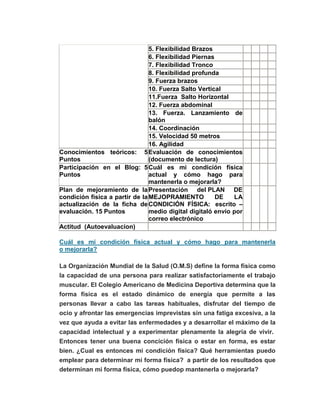 5. Flexibilidad Brazos
6. Flexibilidad Piernas
7. Flexibilidad Tronco
8. Flexibilidad profunda
9. Fuerza brazos
10. Fuerza Salto Vertical
11.Fuerza Salto Horizontal
12. Fuerza abdominal
13. Fuerza. Lanzamiento de
balón
14. Coordinación
15. Velocidad 50 metros
16. Agilidad
Conocimientos teóricos: 5
Puntos
Evaluación de conocimientos
(documento de lectura)
Participación en el Blog: 5
Puntos
Cuál es mi condición física
actual y cómo hago para
mantenerla o mejorarla?
Plan de mejoramiento de la
condición física a partir de la
actualización de la ficha de
evaluación. 15 Puntos
Presentación del PLAN DE
MEJOPRAMIENTO DE LA
CONDICIÓN FÍSICA: escrito –
medio digital digitaló envío por
correo electrónico
Actitud (Autoevaluacion)
Cuál es mi condición física actual y cómo hago para mantenerla
o mejorarla?
La Organización Mundial de la Salud (O.M.S) define la forma física como
la capacidad de una persona para realizar satisfactoriamente el trabajo
muscular. El Colegio Americano de Medicina Deportiva determina que la
forma física es el estado dinámico de energía que permite a las
personas llevar a cabo las tareas habituales, disfrutar del tiempo de
ocio y afrontar las emergencias imprevistas sin una fatiga excesiva, a la
vez que ayuda a evitar las enfermedades y a desarrollar el máximo de la
capacidad intelectual y a experimentar plenamente la alegría de vivir.
Entonces tener una buena concición física o estar en forma, es estar
bien. ¿Cual es entonces mi condición física? Qué herramientas puedo
emplear para determinar mi forma física? a partir de los resultados que
determinan mi forma física, cómo puedop mantenerla o mejorarla?
 