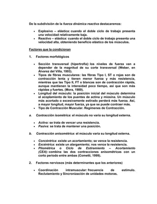 De la subdivisión de la fuerza dinámica reactiva destacaremos:
Explosivo – elástica: cuando el doble ciclo de trabajo presenta
una velocidad relativamente baja.
Reactivo – elástica: cuando el doble ciclo de trabajo presenta una
velocidad alta, obteniendo beneficio elástico de los músculos.
Factores que la condicionan
1. Factores morfológicos
Sección transversal (hipertrofia): los niveles de fuerza van a
depender de la magnitud de su corte transversal (Weber, en
Álvarez del Villa, 1993).
Tipos de fibras musculares: las fibras Tipo I, ST o rojas son de
contracción lenta y tienen menor fuerza y más resistencia,
mientras que las Tipo II, FT o blancas son de contracción rápida,
aunque mantienen la intensidad poco tiempo, así que son más
rápidas y fuertes. (Mora, 1989).
Longitud del músculo: la posición inicial del músculo determina
el acoplamiento de los puentes de actina y miosina. Un músculo
más acortado o excesivamente estirado perderá más fuerza. Así,
a mayor longitud, mayor fuerza, ya que se puede contraer más.
Tipo de Contracción Muscular. Regímenes de Contracción.
a. Contracción isométrica: el músculo no varía su longitud externa.
Activa: se trata de vencer una resistencia.
Pasiva: se trata de mantener una posición.
b. Contracción anisométrica: el músculo varía su longitud externa.
Concéntrica: existe un acortamiento; se vence la resistencia.
Excéntrica: existe un alargamiento; nos vence la resistencia.
Pliométrica o Ciclo de Estiramiento – Acortamiento
(CEA): combina las dos contracciones anisométricas con un
corto periodo entre ambas (Cometti, 1999).
2. Factores nerviosos (más determinantes que los anteriores)
Coordinación intramuscular: frecuencia de estímulo.
Reclutamiento y Sincronización de unidades motoras.
 