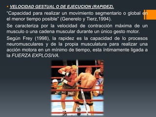  VELOCIDAD GESTUAL O DE EJECUCION (RAPIDEZ).
“Capacidad para realizar un movimiento segmentario o global en
el menor tiempo posible” (Generelo y Tierz,1994).
Se caracteriza por la velocidad de contracción máxima de un
musculo o una cadena muscular durante un único gesto motor.
Según Frey (1998), la rapidez es la capacidad de lo procesos
neuromusculares y de la propia musculatura para realizar una
acción motora en un mínimo de tiempo, esta íntimamente ligada a
la FUERZA EXPLOSIVA.
 