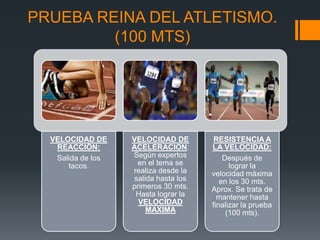 PRUEBA REINA DEL ATLETISMO.
(100 MTS)
VELOCIDAD DE
REACCIÓN:
Salida de los
tacos.
VELOCIDAD DE
ACELERACION:
Según expertos
en el tema se
realiza desde la
salida hasta los
primeros 30 mts.
Hasta lograr la
VELOCIDAD
MAXIMA
RESISTENCIA A
LA VELOCIDAD:
Después de
lograr la
velocidad máxima
en los 30 mts.
Aprox. Se trata de
mantener hasta
finalizar la prueba
(100 mts).
 