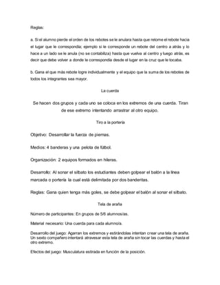 Reglas:
a. Si el alumno pierde el orden de los rebotes se le anulara hasta que retome el rebote hacia
el lugar que le correspondía; ejemplo si le corresponde un rebote del centro a atrás y lo
hace a un lado se le anula (no se contabiliza) hasta que vuelva al centro y luego atrás, es
decir que debe volver a donde le correspondía desde el lugar en la cruz que le tocaba.
b. Gana el que más rebote logre individualmente y el equipo que la suma de los rebotes de
todos los integrantes sea mayor.
La cuerda
Se hacen dos grupos y cada uno se coloca en los extremos de una cuerda. Tiran
de ese extremo intentando arrastrar al otro equipo.
Tiro a la portería
Objetivo: Desarrollar la fuerza de piernas.
Medios: 4 banderas y una pelota de fútbol.
Organización: 2 equipos formados en hileras.
Desarrollo: Al sonar el silbato los estudiantes deben golpear el balón a la línea
marcada o portería la cual está delimitada por dos banderitas.
Reglas: Gana quien tenga más goles, se debe golpear el balón al sonar el silbato.
Tela de araña
Número de participantes: En grupos de 5/6 alumnos/as.
Material necesario: Una cuerda para cada alumno/a.
Desarrollo del juego: Agarran los extremos y estirándolas intentan crear una tela de araña.
Un sexto compañero intentará atravesar esta tela de araña sin tocar las cuerdas y hasta el
otro extremo.
Efectos del juego: Musculatura estirada en función de la posición.
 