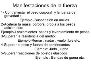 Manifestaciones de la fuerza
1- Contrarrestar el peso corporal y la fuerza de
  gravedad :
            Ejemplo -Suspensión en anillas
2-Acelerar la masa corporal propia a los pesos
  adicionales:
Ejemplo-Lanzamientos saltos y levantamiento de pesas
3-Superar la resistencia del medio:
           Ejemplo-Remar , nadar , vuelo libre etc.
4-Superar el peso y fuerza de contrincantes
                      Ejemplo: Judo , lucha
5-Superar reacciones de objetos elásticos
                      Ejemplo : Bandas de goma etc.
 