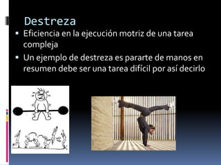 Destreza
 Eficiencia en la ejecución motriz de una tarea
compleja
 Un ejemplo de destreza es pararte de manos en
resumen debe ser una tarea difícil por así decirlo
 