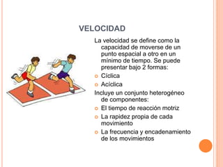 VELOCIDAD
La velocidad se define como la
capacidad de moverse de un
punto espacial a otro en un
mínimo de tiempo. Se puede
presentar bajo 2 formas:
 Cíclica
 Acíclica
Incluye un conjunto heterogéneo
de componentes:
 El tiempo de reacción motriz
 La rapidez propia de cada
movimiento
 La frecuencia y encadenamiento
de los movimientos
 