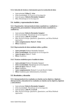 Autor: Gabriel Oxsa Quispe
5.3.2. Selección de técnicas e instrumentos para la recolección de datos
• Autor principal: Fidias G. Arias
• Libro recomendado: El Proyecto de Investigación
• Autor de apoyo: Roberto Hernández Sampieri
• Obra: Metodología de la Investigación
5.4. Análisis y representación de datos
5.4.1. Organización e interpretación de datos cuantitativos y cualitativos –
(Organización, procesamiento e interpretación de datos cuantitativos y
cualitativos)
• Autor principal: Roberto Hernández Sampieri
• Libro recomendado: Metodología de la Investigación
• Autor de apoyo: John W. Creswell
• Obra: Research Design: Qualitative, Quantitative, and Mixed Methods
Approaches
• Autor complementario: Mario F. Triola
• Obra: Estadística
5.4.2. Representación de datos mediante tablas y gráficos
• Autor principal: Roberto Hernández Sampieri
• Libro recomendado: Metodología de la investigación
• Autor de apoyo: Mario F. Triola
• Obra: Estadística
5.4.3. Técnicas estadísticas para el análisis de datos
• Autor principal: Roberto Hernández Sampieri
• Libro recomendado: Metodología de la Investigación
• Autor de apoyo: Mario F. Triola
• Obra: Estadística
• Autor complementario: Richard I. Levin & David S. Rubin
• Obra: Estadística para Administración y Economía
5.5. Resultados y discusión
5.5.1. Interpretación de los resultados en relación con los objetivos e hipótesis –
(Interpretación y discusión de los resultados en relación con los objetivos, hipótesis
y antecedentes)
• Autor principal: Roberto Hernández Sampieri
• Libro recomendado: Metodología de la Investigación
• Autor de apoyo: John W. Creswell
• Obra: Research Design: Qualitative, Quantitative, and Mixed Methods
Approaches
 