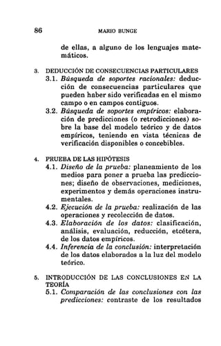 86
3.
MARIO BUNGE
de ellas, a alguno de los lenguajes mate-
máticos.
DEDUCCIÓN DE CONSECUENCIAS PARTICULARES
3.1. Búsqueda de soportes racionales: deduc-
ción de consecuencias particulares que
pueden haber sido verificadas en el mismo
campo o en campos contiguos.
3.2. Búsqueda de soportes empíricos: elabora-
ción de predicciones (o retrodicciones) so-
bre la base del modelo teórico y de datos
empíricos, teniendo en vista técnicas de
verificación disponibles o concebibles.
PRUEBA DE LAS HIPÓTESIS
4.1. Diseño de la prueba: planeamiento de los
medios para poner a prueba las prediccio-
nes; diseño de observaciones, mediciones,
experimentos y demás operaciones instru-
mentales.
4.2. Ejecución de la prueba: realización de las
operaciones y recolección de datos.
4.3. Elaboración de los datos: clasificación,
análisis, evaluación, reducción, etcétera,
de los datos empíricos.
4.4. Inferencia de la conclusión: interpretación
de los datos elaborados a la luz del modelo
teórico.
INTRODUCCIÓN DE LAS CONCLUSIONES EN LA
TEORÍA
5.1. Comparación de las conclusiones con las
predicciones: contraste de los resultados
 