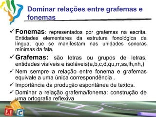 Dominar relações entre grafemas e
       fonemas

Fonemas:       representados por grafemas na escrita.
  Entidades elementares da estrutura fonológica da
  língua, que se manifestam nas unidades sonoras
  mínimas da fala.
Grafemas: são letras ou grupos de letras,
  entidades visíveis e isoláveis(a,b,c,d,qu,rr,ss,lh,nh,)
 Nem sempre a relação entre fonema e grafemas
  equivale a uma única correspondência .
 Importância da produção espontânea de textos.
 Dominar a relação grafema/fonema: construção de
  uma ortografia reflexiva
 