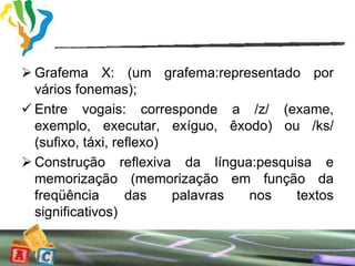  Grafema X: (um grafema:representado por
  vários fonemas);
 Entre vogais: corresponde a /z/ (exame,
  exemplo, executar, exíguo, êxodo) ou /ks/
  (sufixo, táxi, reflexo)
 Construção reflexiva da língua:pesquisa e
  memorização (memorização em função da
  freqüência       das    palavras nos textos
  significativos)
 