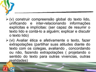  (v) construir compreensão global do texto lido,
  unificando e inter-relacionando informações
  explícitas e implícitas: (ser capaz de resumir o
  texto lido e contá-lo a alguém; explicar e discutir
  o texto lido)
 (vi) Avaliar ética e afetivamente o texto, fazer
  extrapolações (partilhar suas atitudes diante do
  texto com os colegas, avaliando , concordando
  ou não, fazendo extrapolações ( projetando o
  sentido do texto para outras vivencias, outras
  realidades)
 