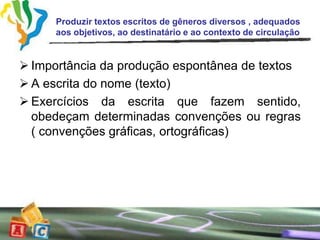 Produzir textos escritos de gêneros diversos , adequados
     aos objetivos, ao destinatário e ao contexto de circulação


 Importância da produção espontânea de textos
 A escrita do nome (texto)
 Exercícios da escrita que fazem sentido,
  obedeçam determinadas convenções ou regras
  ( convenções gráficas, ortográficas)
 