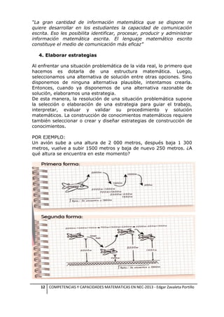 “La gran cantidad de información matemática que se dispone re
quiere desarrollar en los estudiantes la capacidad de comunicación
escrita. Eso les posibilita identificar, procesar, producir y administrar
información matemática escrita. El lenguaje matemático escrito
constituye el medio de comunicación más eficaz”
4. Elaborar estrategias
Al enfrentar una situación problemática de la vida real, lo primero que
hacemos es dotarla de una estructura matemática. Luego,
seleccionamos una alternativa de solución entre otras opciones. Sino
disponemos de ninguna alternativa plausible, intentamos crearla.
Entonces, cuando ya disponemos de una alternativa razonable de
solución, elaboramos una estrategia.
De esta manera, la resolución de una situación problemática supone
la selección o elaboración de una estrategia para guiar el trabajo,
interpretar, evaluar y validar su procedimiento y solución
matemáticos. La construcción de conocimientos matemáticos requiere
también seleccionar o crear y diseñar estrategias de construcción de
conocimientos.
POR EJEMPLO:
Un avión sube a una altura de 2 000 metros, después baja 1 300
metros, vuelve a subir 1500 metros y baja de nuevo 250 metros. ¿A
qué altura se encuentra en este momento?

12 COMPETENCIAS Y CAPACIDADES MATEMATICAS EN NEC-2013 - Edgar Zavaleta Portillo

 