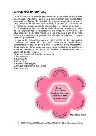CAPACIDADES MATEMÁTICAS
La resolución de situaciones problemáticas es entonces una actividad
matemática importante que nos permite desarrollar capacidades
matemáticas. Todas ellas existen de manera integrada y única en
cada persona y se desarrollan en el aula, la escuela, la comunidad, en
la medida que dispongamos de oportunidades y medios para hacerlo.
En otras palabras, las capacidades matemáticas se despliegan a partir
de las experiencias y expectativas de nuestros estudiantes, en
situaciones problemáticas reales. Si ellos encuentran útil en su vida
diaria los aprendizajes logrados, sentirán que la Matemática tienen
sentido y pertinencia.
La propuesta pedagógica para el aprendizaje de la matemática
considera el desarrollo de seis capacidades matemáticas,
consideradas esenciales para el uso instrumental de la Matemática.
Éstas sustentan la competencia matemática resolución de problemas
y deben abordarse en todos los niveles y modalidades de la
Educación Básica Regular.
Estas seis capacidades son las siguientes:
1. Matematizar
2. Representar
3. Comunicar
4. Elaborar estrategias
5. Utilizar expresiones simbólicas
6. Argumentar

7 COMPETENCIAS Y CAPACIDADES MATEMATICAS EN NEC-2013 - Edgar Zavaleta Portillo

 