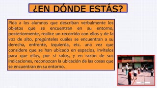 ¿EN DÓNDE ESTÁS?
Pida a los alumnos que describan verbalmente los
objetos que se encuentran en su entorno,
posteriormente, realice un recorrido con ellos y de la
voz de alto, pregúnteles cuáles se encuentran a su
derecha, enfrente, izquierda, etc. una vez que
considere que se han ubicado en espacios, invítelos
para que ellos, por sí solos, y en razón de sus
indicaciones, reconozcan la ubicación de las cosas que
se encuentran en su entorno.
 