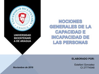UNIVERSIDAD
BICENTENARI
A DE ARAGUA
Noviembre de 2019
ELABORADO POR:
Estefani Gonzalez
CI 27774548
 