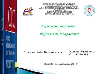 REPÚBLICA BOLIVARIANA DE VENEZUELA
UNIVERSIDAD BICENTENARIA DE ARAGUA
A.C E. SUPERIORES GERENCIALES CORPORATIVOS
VALLES DEL TUY
FACULTAD CIENCIAS SOCIALES
ESCUELA DE DERECHO/ PSICOLOGÍA
Alumno : Pedro Tello
C.I: 18.750.961
Profesora : Luisa Elena Arismendi
Charallave, Noviembre 2019
Capacidad, Principios
y
Régimen de Incapacidad
 