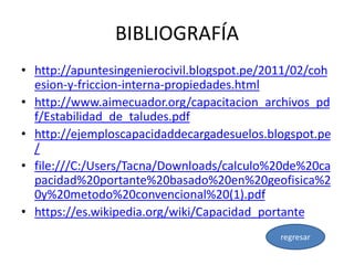 BIBLIOGRAFÍA
• http://apuntesingenierocivil.blogspot.pe/2011/02/coh
esion-y-friccion-interna-propiedades.html
• http://www.aimecuador.org/capacitacion_archivos_pd
f/Estabilidad_de_taludes.pdf
• http://ejemploscapacidaddecargadesuelos.blogspot.pe
/
• file:///C:/Users/Tacna/Downloads/calculo%20de%20ca
pacidad%20portante%20basado%20en%20geofisica%2
0y%20metodo%20convencional%20(1).pdf
• https://es.wikipedia.org/wiki/Capacidad_portante
regresar
 