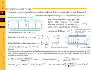 3
CONDENSADOR PLANO
Formado por dos placas planas y paralelas, cada una de área A, separadas por una distancia d.
+ + + + ...