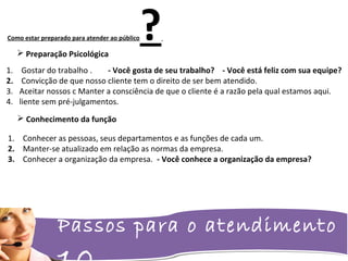 Passos para o atendimento
Como estar preparado para atender ao público? Preparação Psicológica
1. Gostar do trabalho . - Você gosta de seu trabalho? - Você está feliz com sua equipe?
2. Convicção de que nosso cliente tem o direito de ser bem atendido.
3. Aceitar nossos c Manter a consciência de que o cliente é a razão pela qual estamos aqui.
4. liente sem pré-julgamentos.
 Conhecimento da função
1. Conhecer as pessoas, seus departamentos e as funções de cada um.
2. Manter-se atualizado em relação as normas da empresa.
3. Conhecer a organização da empresa. - Você conhece a organização da empresa?
 