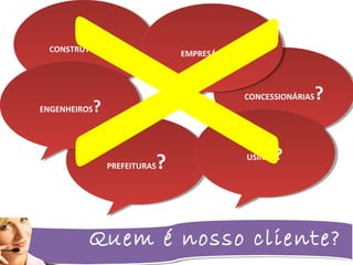 Quem é nosso cliente?
CONSTRUTORAS?CONSTRUTORAS?
CONCESSIONÁRIAS?CONCESSIONÁRIAS?
PREFEITURAS?PREFEITURAS?
EMPRESÁRIOS?EMPRESÁRIOS?
USINAS?USINAS?
ENGENHEIROS?ENGENHEIROS?
X
 