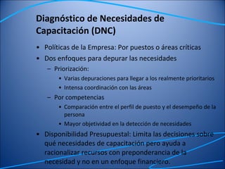 Diagnóstico de Necesidades de Capacitación (DNC) Políticas de la Empresa: Por puestos o áreas críticas Dos enfoques para depurar las necesidades Priorización: Varias depuraciones para llegar a los realmente prioritarios Intensa coordinación con las áreas Por competencias Comparación entre el perfil de puesto y el desempeño de la persona Mayor objetividad en la detección de necesidades Disponibilidad Presupuestal: Limita las decisiones sobre qué necesidades de capacitación pero ayuda a racionalizar recursos con preponderancia de la necesidad y no en un enfoque financiero. 