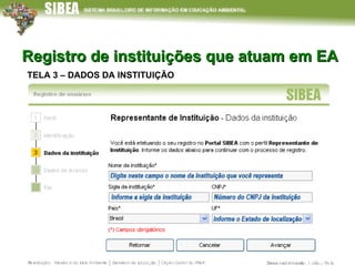 Registro de instituições que atuam em EA   TELA 3 – DADOS DA INSTITUIÇÃO 