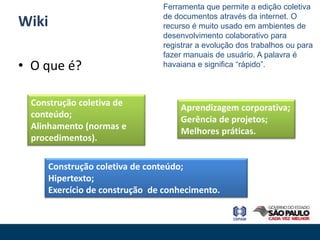 Ferramenta que permite a edição coletiva
                              de documentos através da internet. O
Wiki                          recurso é muito usado em ambientes de
                              desenvolvimento colaborativo para
                              registrar a evolução dos trabalhos ou para
                              fazer manuais de usuário. A palavra é
• O que é?                    havaiana e significa “rápido”.



 Construção coletiva de
                                  Aprendizagem corporativa;
 conteúdo;
                                  Gerência de projetos;
 Alinhamento (normas e
                                  Melhores práticas.
 procedimentos).

    Construção coletiva de conteúdo;
    Hipertexto;
    Exercício de construção de conhecimento.
 