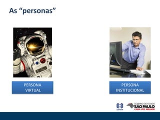 As “personas”




    PERSONA        PERSONA
     VIRTUAL    INSTITUCIONAL
 