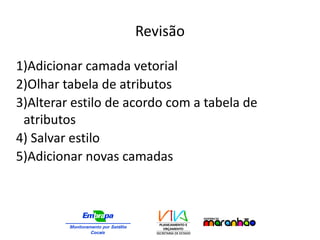 Revisão
1)Adicionar camada vetorial
2)Olhar tabela de atributos
3)Alterar estilo de acordo com a tabela de
atributos
4) Salvar estilo
5)Adicionar novas camadas
 