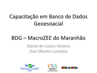 Capacitação em Banco de Dados
Geoesoacial
BDG – MacroZEE do Maranhão
Daniel de Castro Victoria
Davi Oliveira Custódio
 