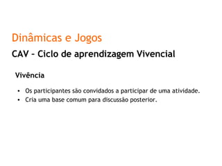 Vivência Os participantes são convidados a participar de uma atividade. Cria uma base comum para discussão posterior. CAV – Ciclo de aprendizagem Vivencial Dinâmicas e Jogos 