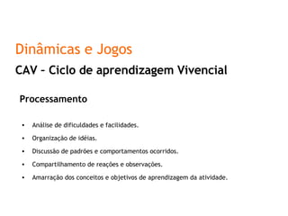 CAV – Ciclo de aprendizagem Vivencial Processamento Análise de dificuldades e facilidades. Organização de idéias. Discussão de padrões e comportamentos ocorridos. Compartilhamento de reações e observações. Amarração dos conceitos e objetivos de aprendizagem da atividade. Dinâmicas e Jogos 